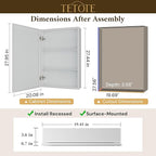 TETOTE 20 x 28 Bathroom Mirror Cabinet with Tempered Beveled Mirror White Medicine Cabinet Aluminum Cabinet DTC Hinges, Stepless Adjustable Shelves, Recessed/Surface-Mounted