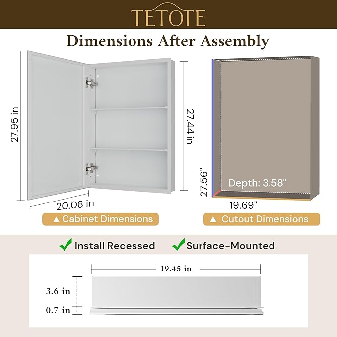 TETOTE 20 x 28 Bathroom Mirror Cabinet with Tempered Beveled Mirror White Medicine Cabinet Aluminum Cabinet DTC Hinges, Stepless Adjustable Shelves, Recessed/Surface-Mounted