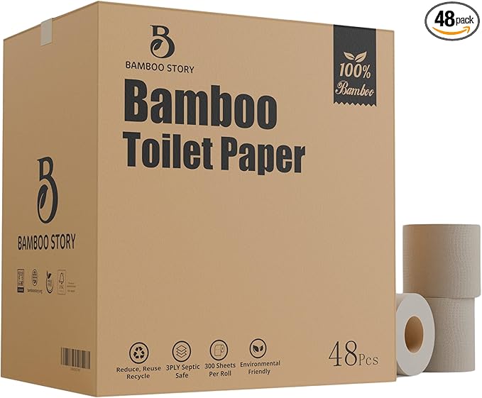 48 Bulk Premium Unbleached Bamboo Toilet Paper, 3-Ply, 300 Sheets, Plant-Based, PFAS-Free, FSC Certified, Chlorine-Free, Plastic-Free, BPA-Free Toilet Tissue (48)