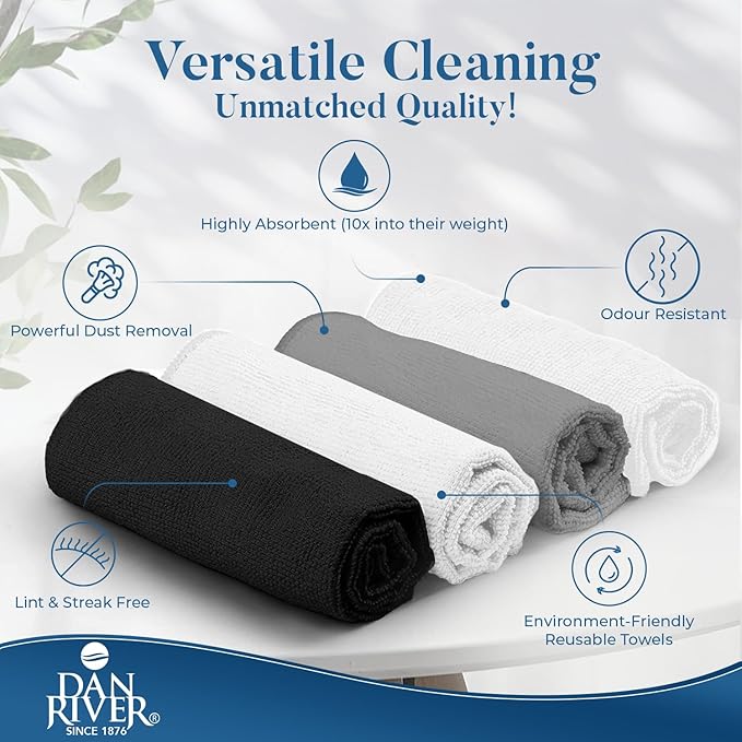 DAN RIVER 12-Pack Microfiber Towels – Ultra Absorbent, Lint-Free & Streak-Free Detailing Towels for Home, Car & Kitchen - Must-Have Cleaning Essentials - 12" x 12" - Gray White Black