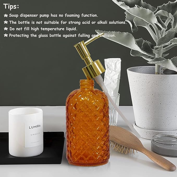 Orange Glass Soap Dispenser, 13.5oz Bathroom Hand Dispenser, Lotion Dispenser with Gold Plastic Pump for Modern Home Decor, Kitchen Countertop, Hotel(2 Pack)