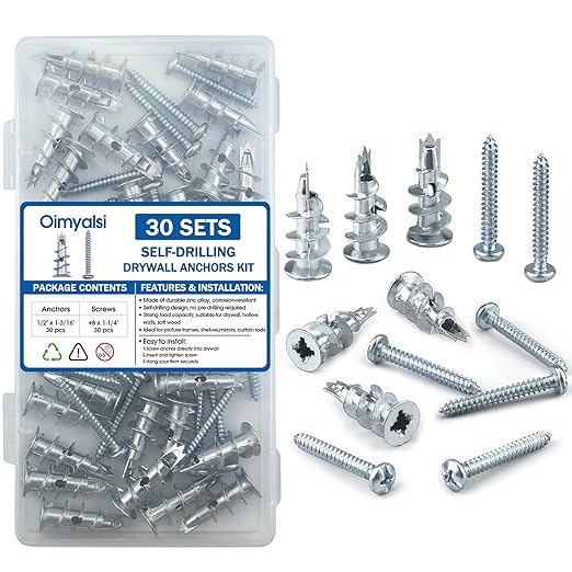 60 PCS Self-Drilling Drywall Anchors with #8 x 1-1/4" Screws – Heavy-Duty Zinc Alloy Anchors Kit for Drywall, Sheetrock & Hollow Walls, No Pre-Drilling Needed