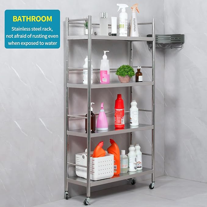 susunnus Stainless Steel Shelf,Shelves for Storage,Metal Shelf,Kitchen Garage Shelves, with Wheels,Rolling Shelves,Adjustable Height,Weight Capacity 350LB (27.6in*10.2in-4T with guardrails)
