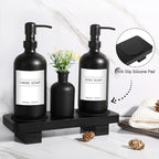 Dish Soap Dispenser for Kitchen, Black Hand Soap Dispenser with Stainless Steel Pump, Kitchen Soap Dispenser Set with Wood Riser Tray, Matte Black Bathroom Soap Dispenser Set Bathroom Decor
