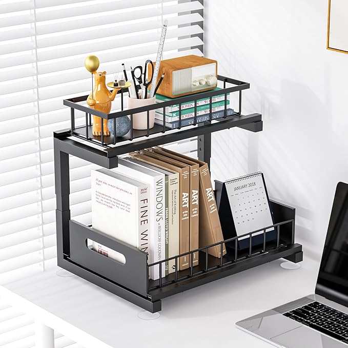 Under Sink Organizer Storage 2-Tier Heavy Duty Metal Pull Out Cabinet Organizer Slide Out Sink Shelf Organizer Height Adjustable, Multi-Purpose Storage Shelf for Kitchen Bathroom (Black, 1 Pack)