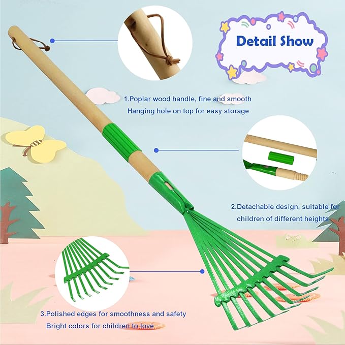 Kids Leaf Rake-Small Wooden Handle Leaf Rake with Metal Tines, 27inches /69cm Length, for Kids Enjoy Garden Cleaning Activities (Green)