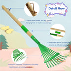 Kids Leaf Rake-Small Wooden Handle Leaf Rake with Metal Tines, 27inches /69cm Length, for Kids Enjoy Garden Cleaning Activities (Green)