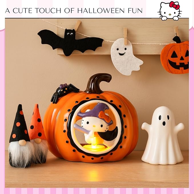 Blue Sky Clayworks Hello Kitty Pumpkin Cut Candle House, Ceramic, 7.125" L x 7" W x 6" H, Witchy Window Glow