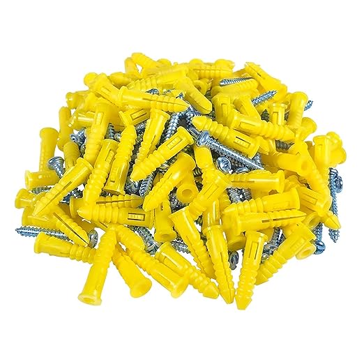 Ribbed Wall Anchors #4-#6 7/8-Inch with Screws 100-Pack, Yellow, Plastic Anchor for Drywall/Concrete, Pan Head Phillips Screw Included