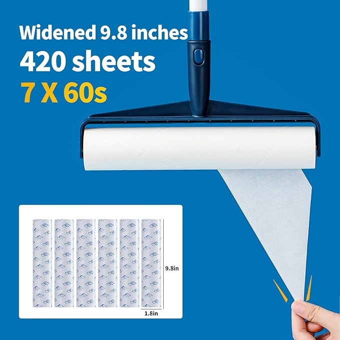 Floor Lint Rollers for Pet Hair Extra Sticky Mop，9.84in with 51.2in Long Handle Large Lint Remover Roller for Carpet Cleaner Cars, Clothing, and Pet Hair Picker from Floors