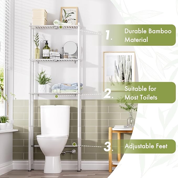 AmazerBath Bamboo Over The Toilet Storage Shelf, Over Toilet Bathroom Organizer Rack, 3-Tier Bathroom Shelves Over Toilet, Space Saver, White