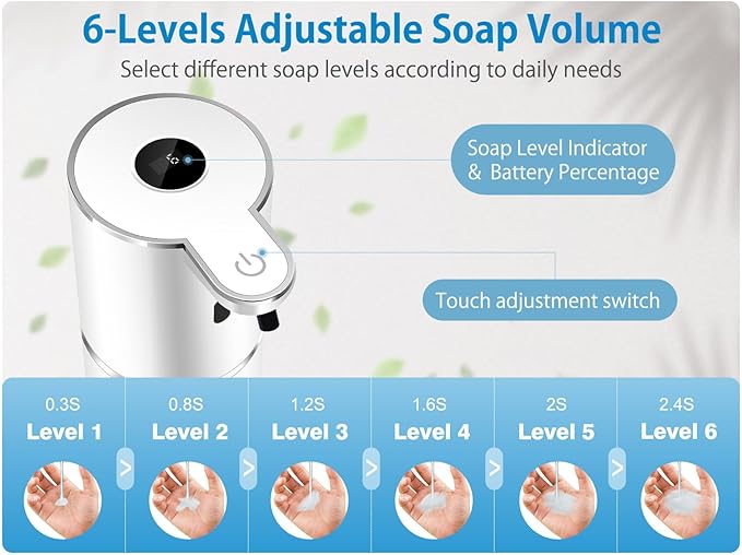 Automatic Liquid Soap Dispenser 12.8oz, Rechargeable & 6 Levels Soap Adjustable with Digital Display, Wall Mount, Waterproof, Touchless Hand/Dish Soap Dispenser for Kitchen, Bathroom, Hotel