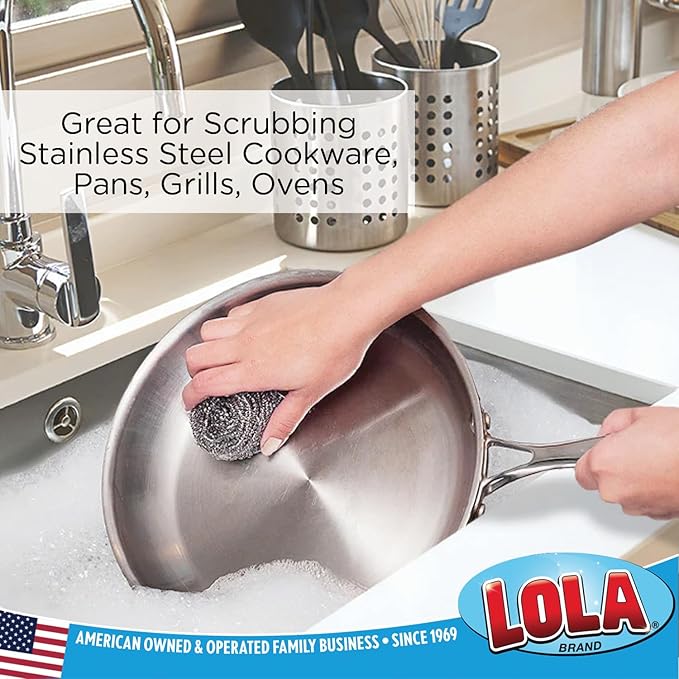 Stainless Steel Wool Scourer -Jumbo Sized- 12 Pack, 35 Grams, by LOLA, Curled Flat Wire, Cleans Caked On & Baked On Messes on Cookware