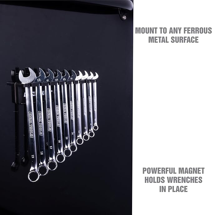 OEMTOOLS 22513 Magnetic Wrench Holder and Tool Organizer, Magnet Holds Up To 10 Wrenches To Most Metal Surfaces, SAE and Metric, 9.25 Inch Magnetic Tool Holder For Shop Or Garage, Black