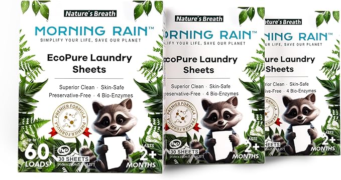 MorningRain Eco-Safe Laundry Detergent Sheets - Ingredients from Finland,Natural Scent, Bio-Enzyme Formula, Power Clean, 90 Sheets (Up to 180 Loads) - Non-Toxic, Preservative-Free, Designed in USA