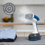 Sunbeam 1200W Steam Burst Handheld Steamer for Clothes, Dual Steam Settings, 30-Second Fast Head-Up, Bristle Brush Attachment, White and Blue Finish