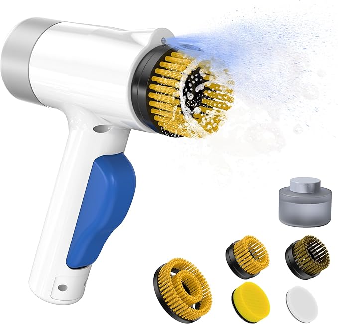 Electric Spin Scrubber 2 in 1 Scrubber Brush & Cleaning Spray with No-Rinse Formula Cleaner IPX7 Full Body Waterproof Bathroom Cleaning Brush With 6 Brush Heads for Kitchen,Bathroom, Grill，Tile