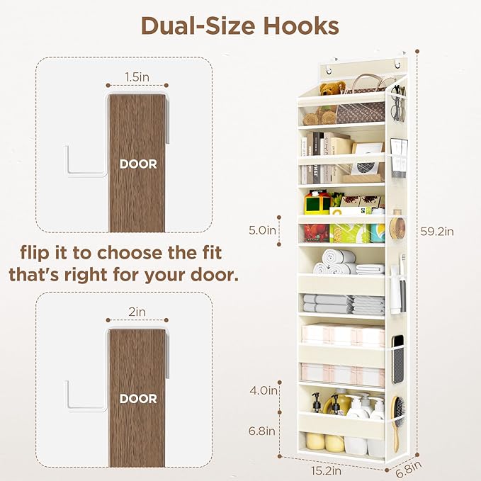 Over The Door Organizer, 6 Shelf Door Hanging Organizers with 6 Large Capacity Pockets, Behind Door Storage Hanging Shelves for Closet Wall Bathroom Bedroom Nursery