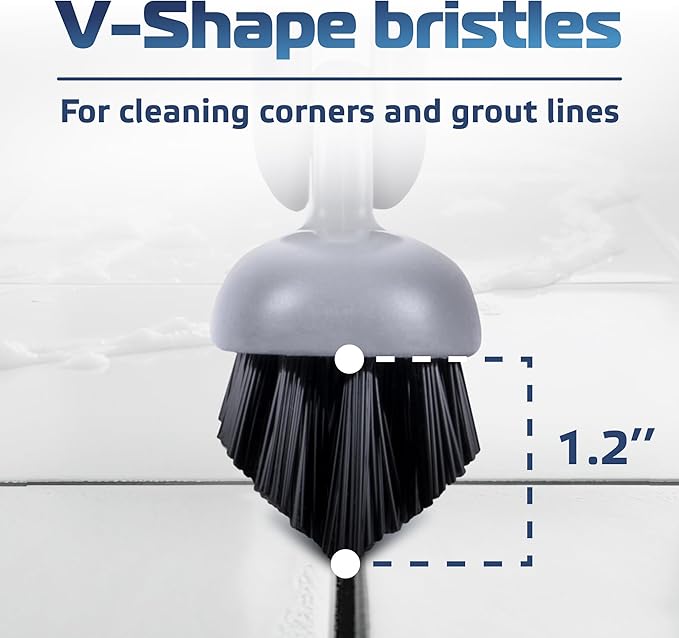 DSV Standard Grout Scrub Brush with Long Handle, 50'' Tile Grout Scrubber, V-Shape Crevice Cleaning Brush for Hard to Reach Areas, 180° Rotation Grout Cleaner for Tile Floors, Baseboards and Corners