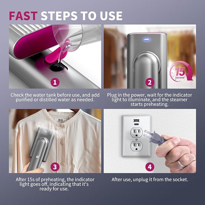 Steamer for Clothes, Portable Travel Handheld Clothing Wrinkles Remover for Clothes, 15s Fast Heat-up, 70ml Water Tank with measuring cup, Portable Garment Steamer for 120V Countries, for Home, Travel
