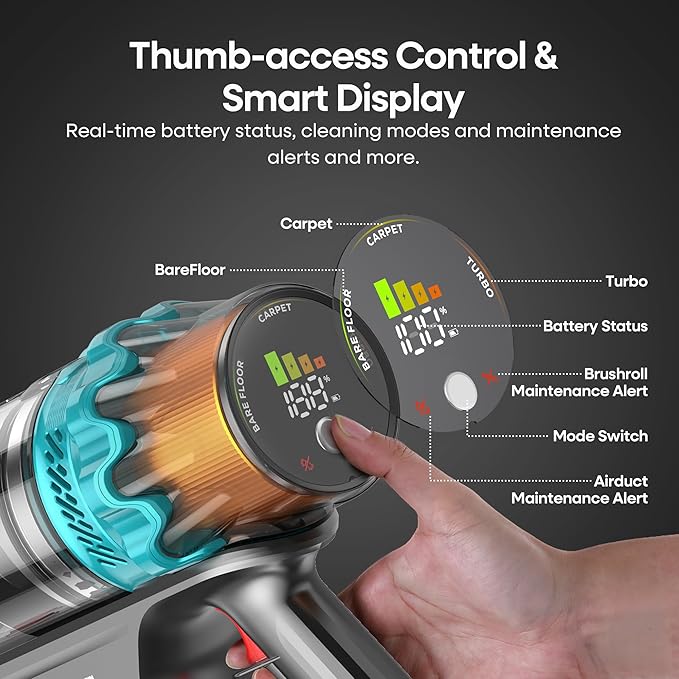 ElecKeys Cordless Vacuum Cleaner, Upgraded 580W 48KPA 65Mins Vacuum Cleaners for Home, Stick Vacuum with Self-Standing and Touch Screen, Anti-Tangled Handheld Vacuum for Pet Hair, Floors, Carpets, K10