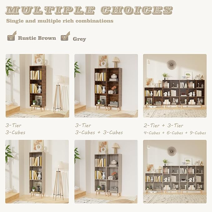 Lkeiyay Wooden 4 Cube Open Bookcase,2 Tier Mid-Century Bookshelf with Legs, Modern Storage Display Cabinet Organizer Bookshelves for Bedroom,Living Room,Office (Rustic Brown)