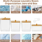 4 Pack Clear Laundry Pods Container & Dryer Sheet Holder, Plastic Square Laundry Room Organization and Storage Jars with Lids, Scoops & Labels for Detergent, Powder, Dryer Balls, Beads