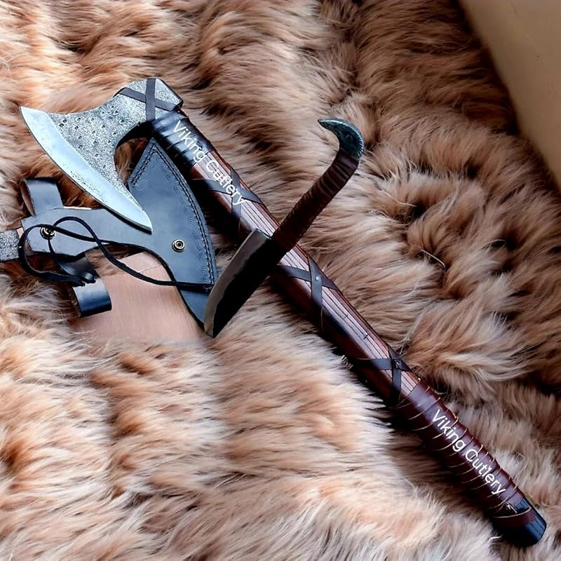 [Viking Cutlery] 27'' Viking Ragnar Axe with Free Odin Forged Knife – Gift Set | Authentic Ragnar Lothbrok Axe – Handcrafted Viking Axe for Camping with Leather Sheath | Ideal Gift for Men