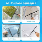 Quntis 12 Inch Squeegee for Shower Glass, Black Shower Squeegee with Adhesive Hooks Heavy Duty, Non-Slip Long Handle, Spare Blade, All-Purpose Squeegee Cleaning for Bathroom Doors Car Window