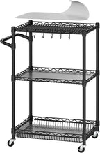 3 Tier Rolling Cart with Wheels, Metal Utility Cart for Storage Heavy Duty Wire Trolley for Kitchen Serving Grocery Food with 3 Shelf Liners 6 Hooks, 18 x 23.8 x 37 Inches, Black