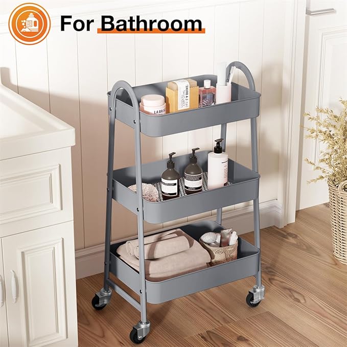 3-Tier Metal Rolling Utility Cart, Small Rolling Cart Kitchen Trolley Bathroom Laundry Room Bar Office Shelves Storage Organizer Shelving Unit with Caster Wheels for Narrow Places, Grey