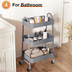 3-Tier Metal Rolling Utility Cart, Small Rolling Cart Kitchen Trolley Bathroom Laundry Room Bar Office Shelves Storage Organizer Shelving Unit with Caster Wheels for Narrow Places, Grey