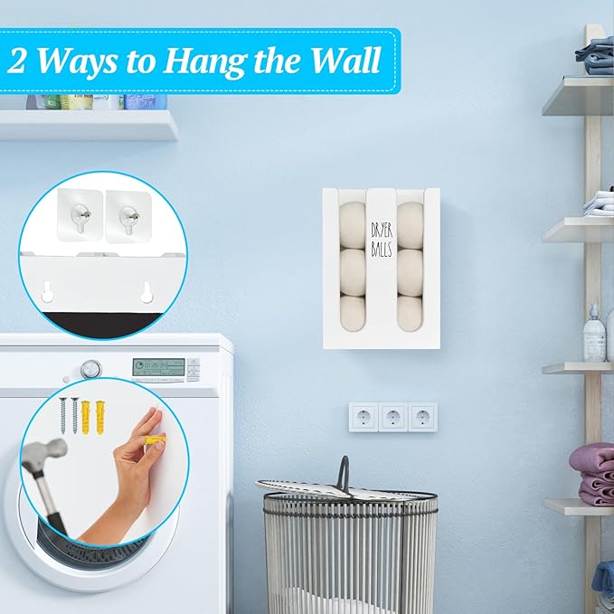 Magnetic Dryer Ball Holder for Laundry Room, Wood Dryer Ball Container Wall Mount, Laundry Dispenser Basket (White)