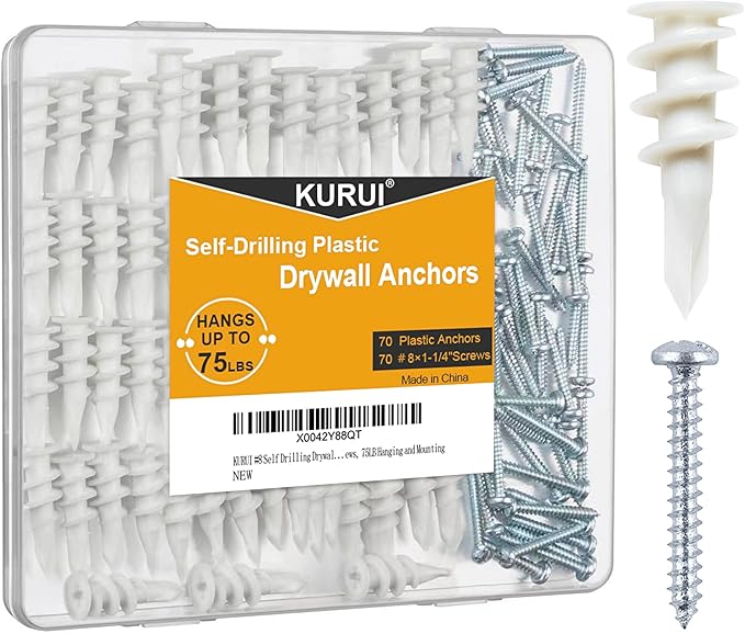 KURUI Wall Hanging Kit for Wall Art Decor Frame Curtain Rods, 140Pcs Heavy Duty Drywall Anchors Substitute Picture Hanging Nails, 70 Dry Wall Anchor and 70 8 x 1-1/4'' Screws, 75Lb Picture Hangers