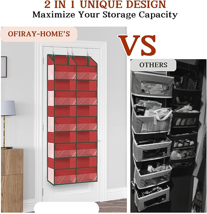 Christmas Over The Door Organizer 5 Tiers, Extra Large Behind Door Storage of 10 Compartments, 80 lbs Weight Capacity Hanging Storage Organizer with Clear Window Kids Toys, Shoes, Diapers, Red