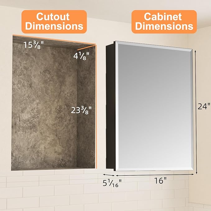 16x24 Inch Medicine Cabinet with Mirror, Aluminum Bathroom Mirror Cabinet, Beveled Edge Mirrored Single Door, Adjustable Shelves, Surface or Recessed Mount Mirrors with Storage, Black