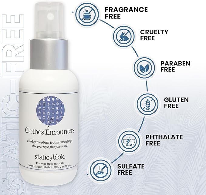 Anti-Static Spray for Clothes - Instantly Eliminate Static Cling, Flyaways, and Shocks from Clothes, Fabrics, Linens, Blankets & Rugs- All-Natural Formula - Lasts All Day- 2oz Travel Size