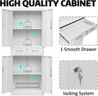 Metal Storage with 1 Drawer, 71" Cabinet with 4 Locking Doors and 2 Adjustable Shelves, Steel Storage File Cabinet for Pantry, Kitchen, Office, Garage (White)
