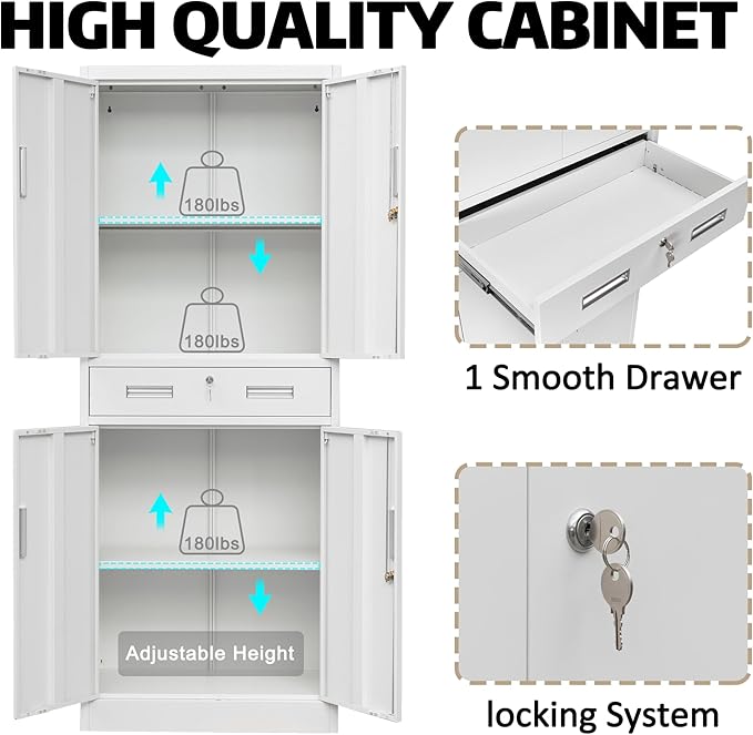 Metal Storage with 1 Drawer, 71" Cabinet with 4 Locking Doors and 2 Adjustable Shelves, Steel Storage File Cabinet for Pantry, Kitchen, Office, Garage (White)