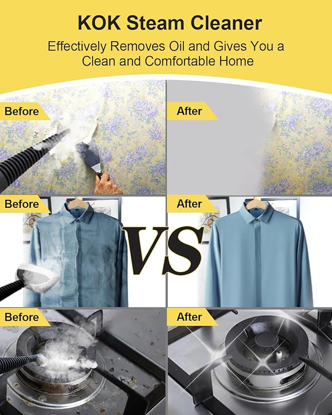 KOK Handheld Steam Cleaner for Home Use, Portable Pressurized Steam Shot Cleaner with 10-in-1 Attachments Kit for Kitchen, Car, Bathroom, Wall, Floors & Windows | Chemical-Free Deep Cleaning Steamer