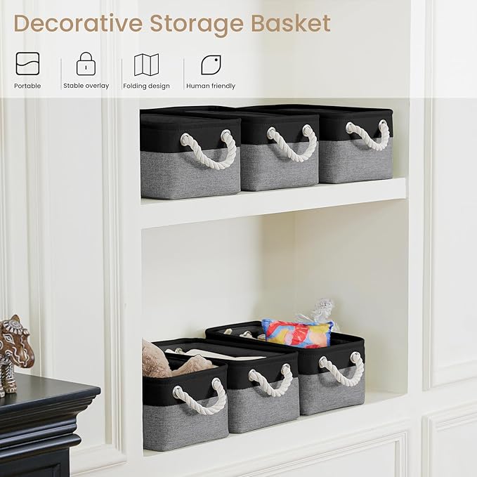 Storage Baskets for Shelves 11.8x7.9x5.2 Inch-Foldable Fabric Organizing Storage Bins with Handles, Closet & Bathroom Organizer, Home Storage for Kitchen, Office (1-Pack, Black&Gray)