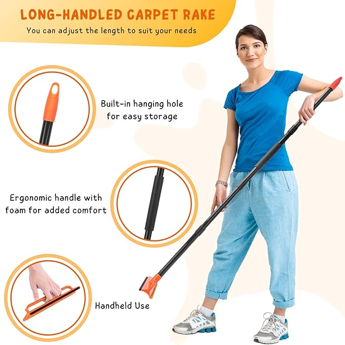 Carpet Rake, Pet Hair Removal Tool for Dog and Cat, 56'' Long Handle Rug Scraper for Stair Carpets, Mats, Couch