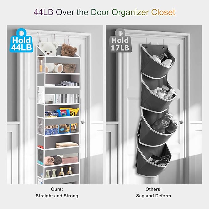 Over the Door Organizer Closet,5 Bins 10 Side Pockets,Hanging Organizer,Anti Tilt 44 lbs Load Organizers and Storage with Clear Window for Bedroom,Nursery,Rv,Bathroom,Camper(Light Grey)