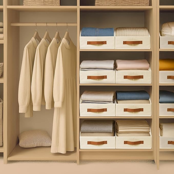 Fabric Storage Bins for Organizing - 8 Pack Large Trapezoid Collapsible Storage Bins with Front Handle, Closet Organizers and Storage for Bedroom, Home Shelves, Small Spaces, Beige