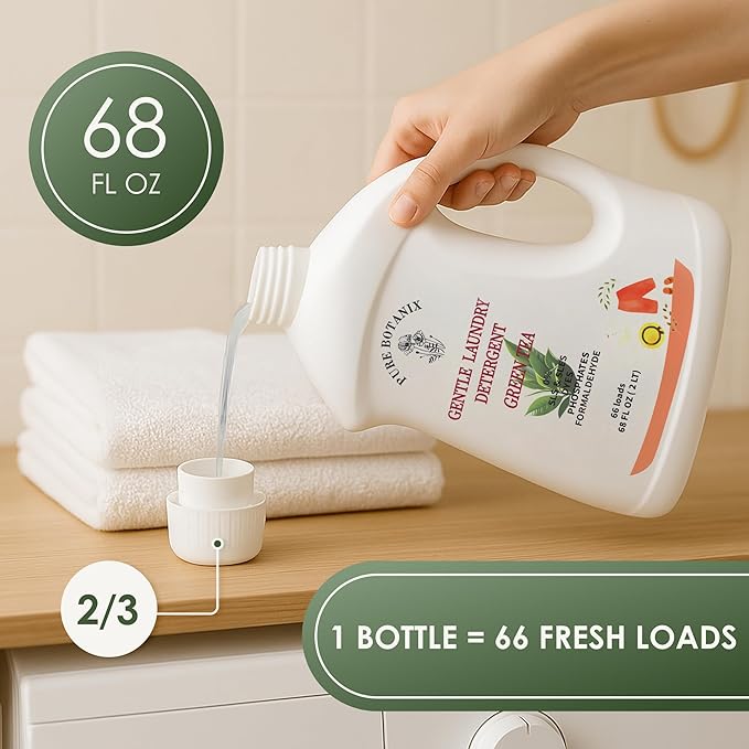 Green Tea Organic Laundry Detergent 68 Fl Oz | 66 Loads, Natural Hypoallergenic Non-Toxic Plant-Based Soap for Sensitive Skin, Concentrated Enzyme Stain Remover, Sulfate Free