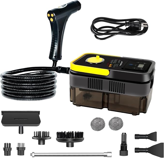 Handheld Pressurized Steam Cleaner， 6-Level Adjustable Handle 20s Heat-Up Big Tank, Portable Steamer for Cleaning Stubborn Dirt Grease Tile Grout Floor Car (Black/Yellow)