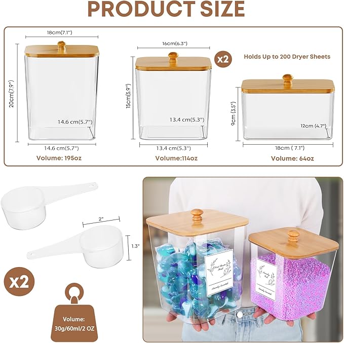 4 Pack Clear Laundry Pods Container & Dryer Sheet Holder, Plastic Square Laundry Room Organization and Storage Jars with Lids, Scoops & Labels for Detergent, Powder, Dryer Balls, Beads