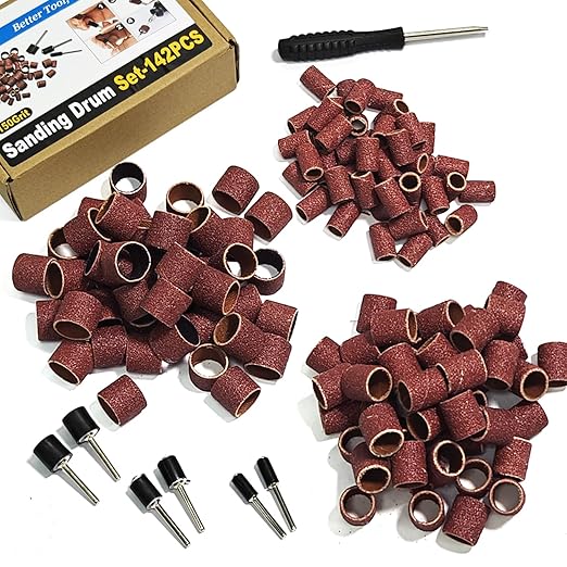 Asieg Tool Sanding Drum Kit 142Pcs 150Grit, 1/2" & 3/8" & 1/4" Diameter Drum Sanding Band with 3.17mm Shank Mandrels for Drill Dremel Rotary Tools Nails Drill
