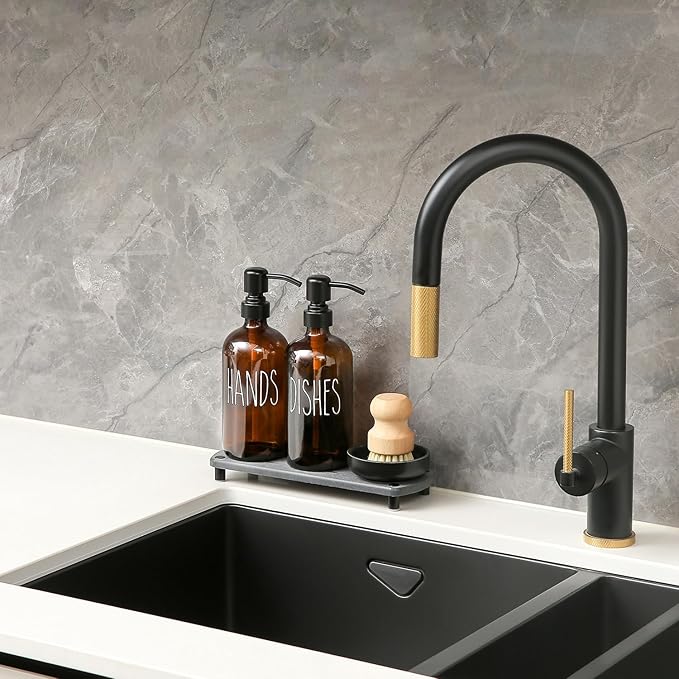 MOMEEMO Amber Glass Soap Dispenser Set Comes with Stainless Steel Pumps, Instant Dry Tray, and Dish Scrub Brush, Suitable for Soap Dispenser for Kitchen Sink. (Amber)