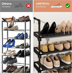 LANTEFUL 4 Tier Shoe Rack for Closet Shoe Organizer with 5 Hooks, Long Shoe Shelf Storage for Shoe and Boot Stackable Free Standing Shoe Rack for Entryway, Garage, Small Spaces, Dorm, Black